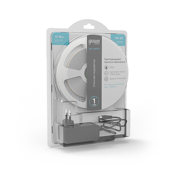 Gauss Лента Basic в комплекте 12V 12W/m 1200lm/m 4000K IP65 LED 5m 1/50 BT071