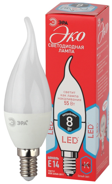 ЭРА ECO LED BXS-8W-840-E14 (диод, свеча на ветру, 8Вт, нейтр, E14)