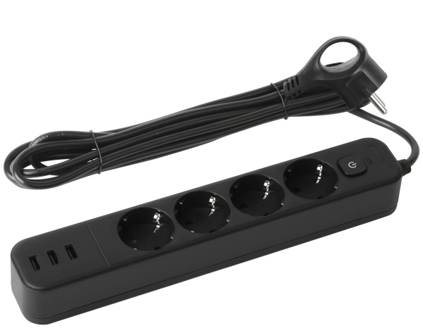 ЭРА Сетевой фильтр USF-4es-3m-3xUSBA-B с базовой защитой с заземлением с выключателем 4 розетки+3xUSBA 3,1A 3м 10А