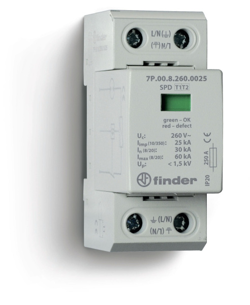 Finder Устройство защиты от импульсных перенапряжений УЗИП тип 1+2 (1 варистор/искровый разрядник); модульный, ширина 36мм; степень защиты IP20 7P0182601025