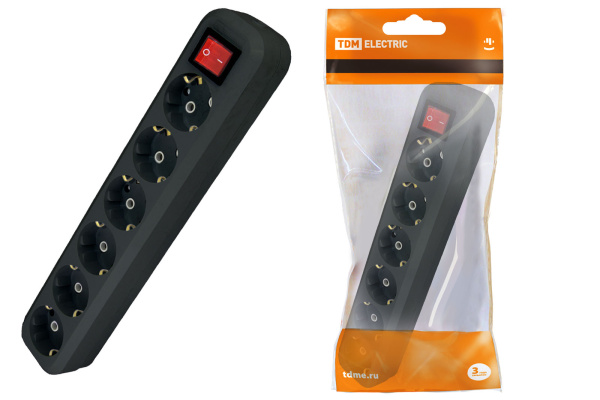 TDM Колодка розеточная 6 гнезд 2П+З с выключателем16А 250В черная SQ1806-0140