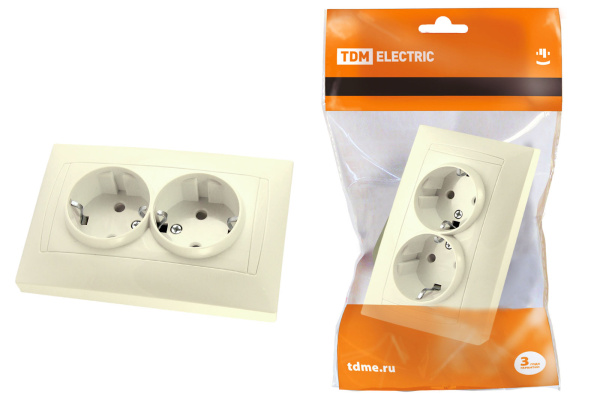 TDM Розетка двойная 2П+З 16А 250В с защ. шт. сл. кость "Лама" SQ1815-0113