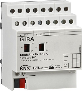 Gira KNX Актор 2-канальный 16 А, возм ручное управление DIN-рейка 104000