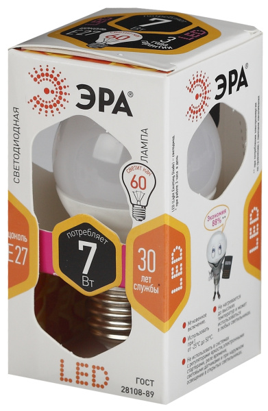 ЭРА Лампочка светодиодная STD LED P45-7W-827-E27 E27 / E27 7Вт шар теплый белый свет