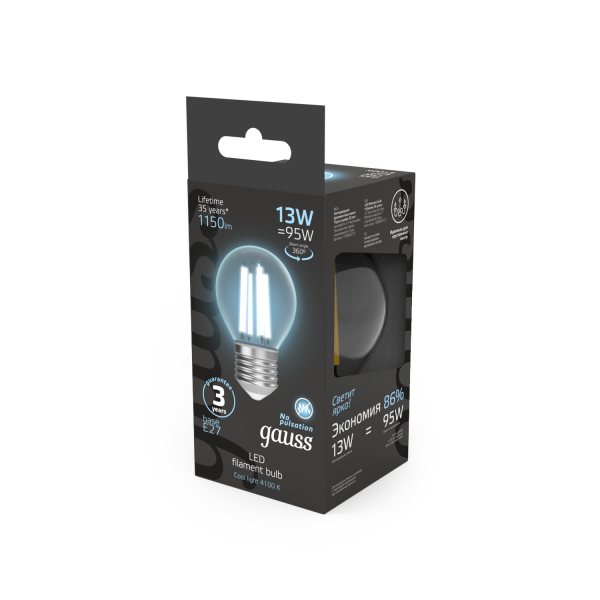 Купить Gauss Лампа Filament Шар 13W 1150lm 4100К Е27 LED 1/10/50 105802213