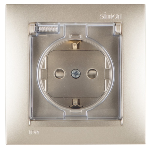 Simon 15 Шампань Розетка с/з, со шторками, с крышкой, IP44, 16А, 250В, винт.зажим 1590450-034