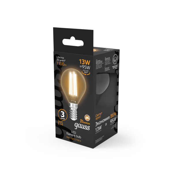 Купить Gauss Лампа Filament Шар 13W 1100lm 2700К Е14 LED 1/10/50 105801113