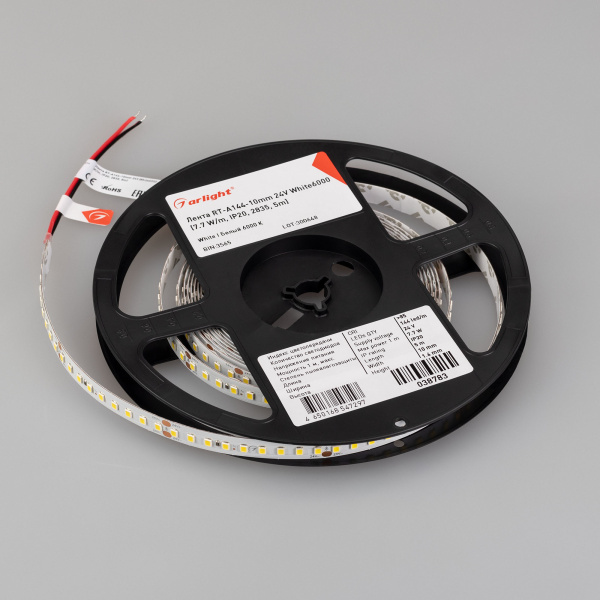 Купить Arlight Лента RT-A144-10mm 24V White6000 (7.7 W/m, IP20, 2835, 5m) (высок.эфф.200 лм/Вт) 038783