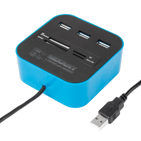 Разветвитель USB на 3 порта + картридер (Все в одном) черный Rexant 18-4121