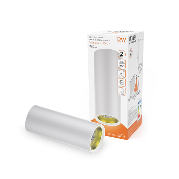 Купить Gauss Светильник Overhead накл цил 12W 900lm 3000K 170-240V IP20 79*200мм белый золото LED HD012