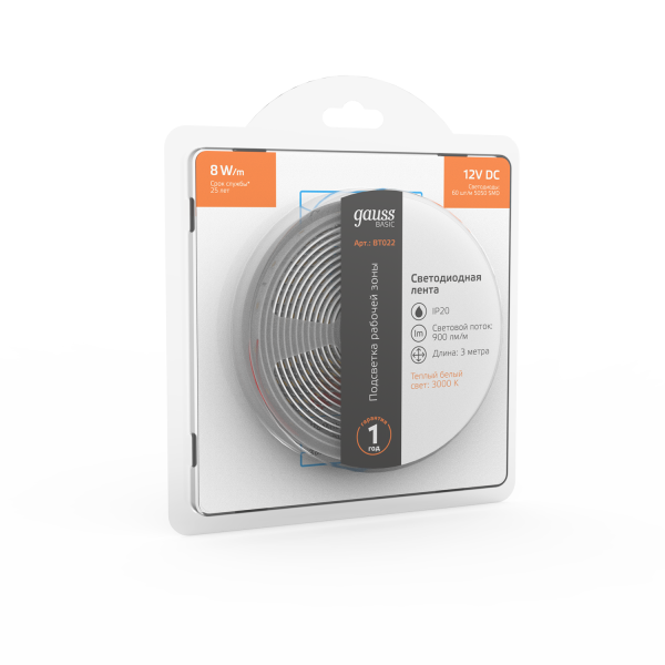 Купить Gauss Лента Basic 12V 8W/m 900lm/m 3000K IP20 LED 3m 1/100 BT022