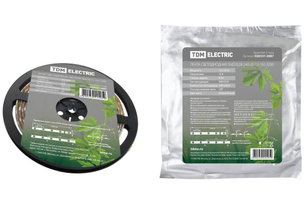 TDM Лента светодиодная SMD3528-240-20-12-192-3200 240LED/м, IP20, 12В, 19,2Вт, 3200К, SQ0331-0087
