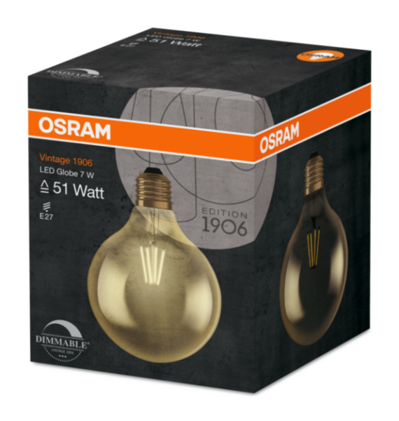 Купить Osram Светодиодная лампа Vintage 1906 LED CL GLOBE125,филаментная, GOLD 7W(замена 55Вт), теплый белый свет (825), золотистая,цоколь E27 4058075809406