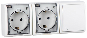 Simon 15 Aqua Белый Блок: Розетка 2-ая, 2P+E Schuko 16А 250В + выключатель проходной 10А 250В, IP54 1594526-030