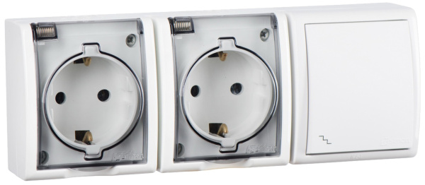 Simon 15 Aqua Белый Блок: Розетка 2-ая, 2P+E Schuko 16А 250В + выключатель проходной 10А 250В, IP54 1594526-030