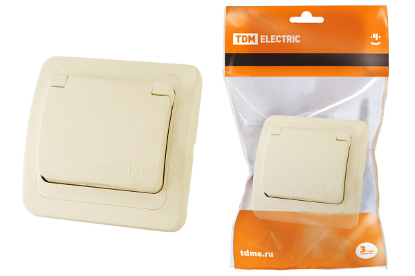 TDM Розетка с крышкой 2П+З 16А IP44 сл. кость "Валдай" SQ1804-0111
