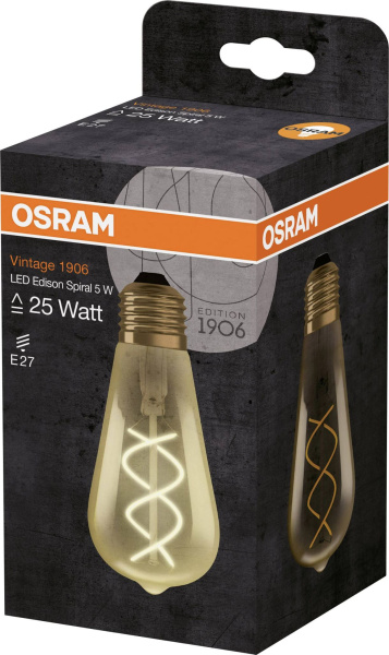 Купить Osram Светодиодная лампа Vintage 1906 LED CL Edison,филаментная,GOLD 5W,золотистая,теплый белый свет (820), цоколь E27 4058075092112