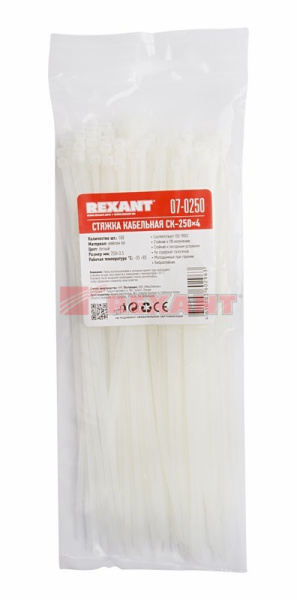 Купить Хомут nylon 250 x 3,6 мм 100 шт белый Rexant 07-0250