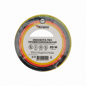 Kranz Изолента ПВХ профессиональная, 0.18х19 мм, 20 м, желто-зеленая (10 шт./уп.) KR-09-2807