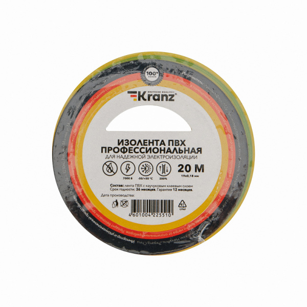 Kranz Изолента ПВХ профессиональная, 0.18х19 мм, 20 м, желто-зеленая (10 шт./уп.) KR-09-2807