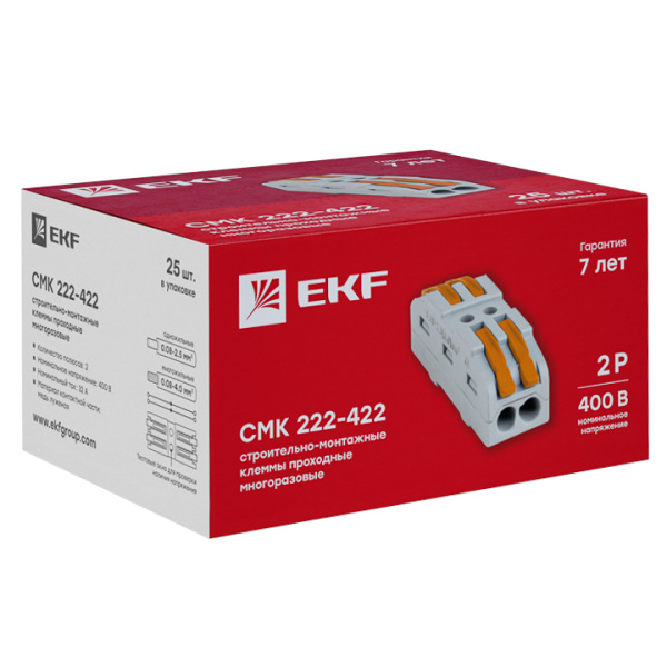 Купить EKF PROxima Строительно-монтажная клемма СМК 222-422 проходная 2 полюса 0,08-4мм2 (25шт.)