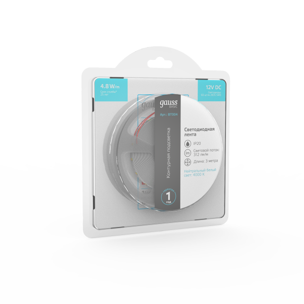 Купить Gauss Лента Basic 12V 4,8W/m 312lm/m 4000K IP20 LED 3m 1/100 BT004
