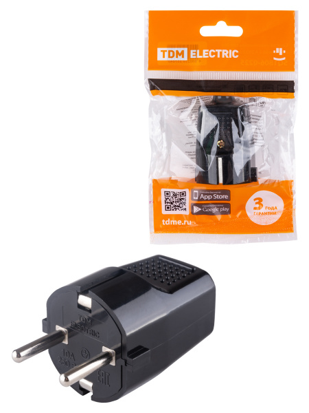 TDM Вилка прямая с/з черная c перфорацией 10А 250В SQ1806-0198
