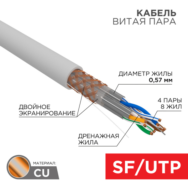 Кабель SSTP 4PR 23AWG CAT7 305м Rexant 01-0542