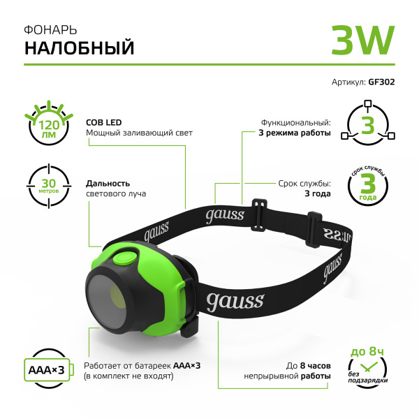 Купить Gauss Фонарь налобный модель GFL302 3W 120lm 3xAAA LED 1/12/60 GF302