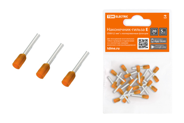 TDM Наконечник-гильза Е0508 0,5мм2 с изолированным фланцем (20шт) SQ0568-0036