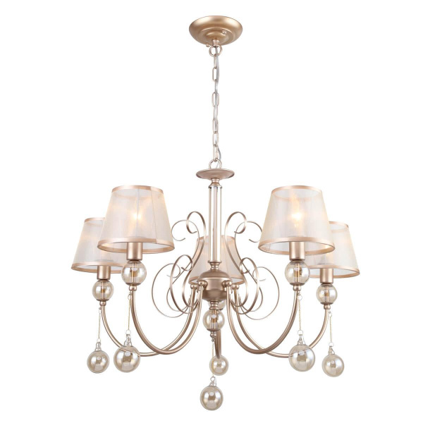 Favourite подвесная люстра каркас цвета перламутровое золото, плафоны из полупрозрачной органзы с золотой окантовкой, декоративные элементы из выдувно 2553-5P