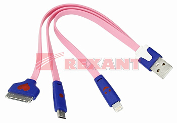 USB кабель 3 в 1 светящиеся Разъемы для iPhone 5/4/microUSB шнур 0.15М розовый Rexant 18-4251