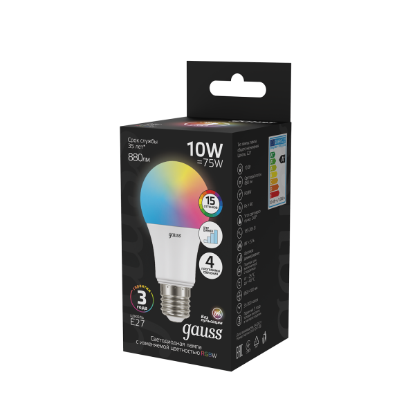 Купить Gauss Лампа A60 10W E27 RGBW димирование LED 1/50 102102410