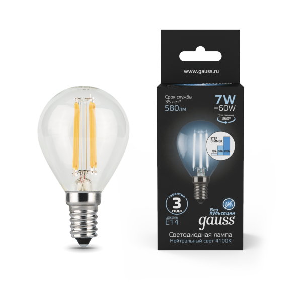 Купить Gauss Лампа Filament Шар 7W 580lm 4100К Е14 шаг. диммирование LED 105801207-S
