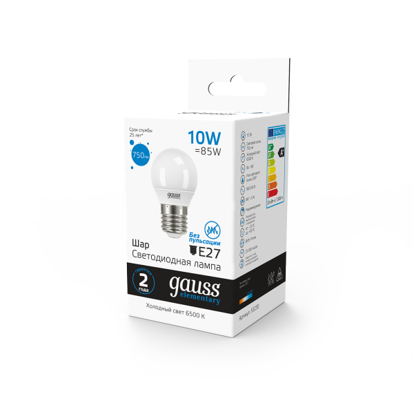 Купить Gauss Лампа Elementary Шар 10W 750lm 6500K Е27 LED 53230
