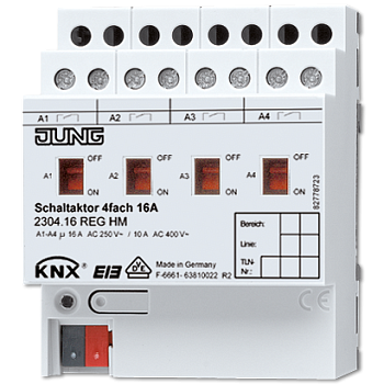JUNG KNX Актор 4-х канальный 220V AC 16 A возм ручн упр DIN-рейка 2304.16REGHM