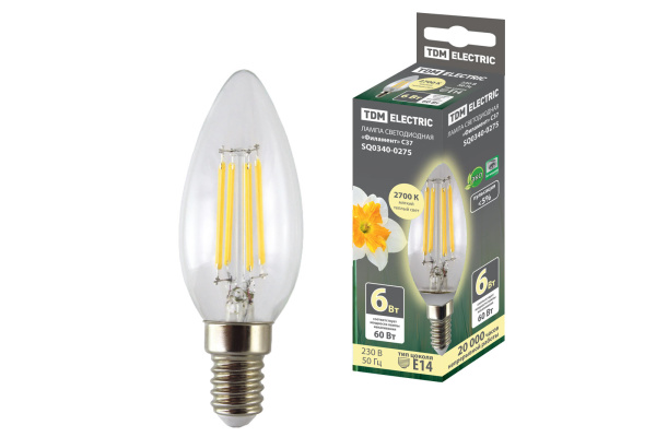 TDM Лампа светодиодная "Филамент" С37-6 Вт-230 В-2700 К–E14 SQ0340-0275