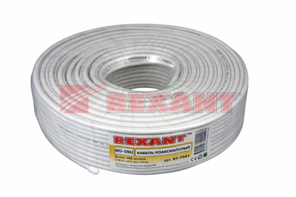 Купить Кабель RG-59U+Cu, (64%), 75 Ом, 100м., белый Rexant 01-2641