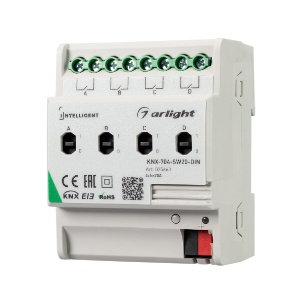 Купить Arlight INTELLIGENT Релейный модуль KNX-704-SW20-DIN (BUS, 4x20A) (-) 025663