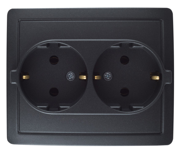 Simon 15 Графит Розетка двойная с заземлением 2х2Р+Е без шторок, винт.зажим,16А, 250В 1590456-038