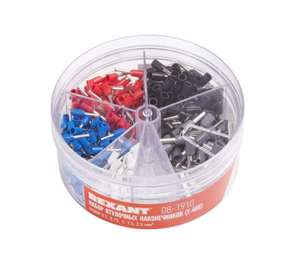 Набор втулочных наконечников НШВИ (0.5мм²; 0.75мм²; 1мм²; 1.5мм²; 2.5мм²) в боксе (E-400) Rexant 08-1910