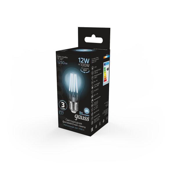 Купить Gauss Лампа Filament А60 12W 1250lm 4100К Е27 LED 102902212