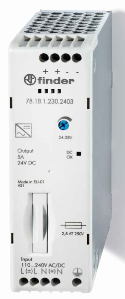 Finder Импульсный источник питания; вход 120...240В AC/220В DC; выход 24В DC, 120Вт; компактный; степень защиты IP20 781B12302403