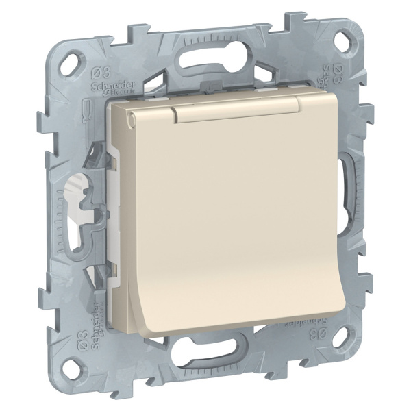 SE Unica New Беж Розетка с/з со шторками, с крышкой, 16А, 250В, IP40, NU503744TA