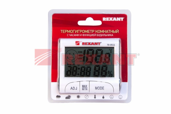 Купить Термогигрометр комнатный с часами и функцией будильника Rexant 70-0511