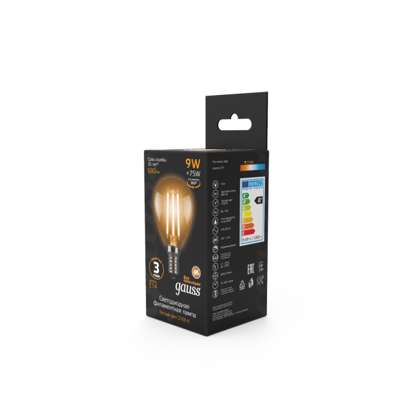 Купить Gauss Лампа Filament Шар 9W 680lm 2700К Е14 LED 105801109