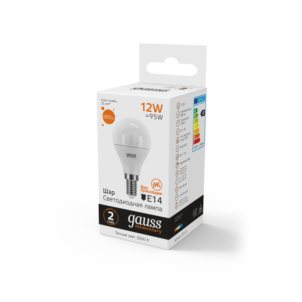 Купить Gauss Лампа Elementary Шар 12W 880lm 3000K Е14 LED 53112