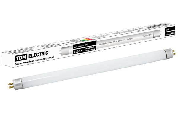 TDM Лампа люминесцентная линейная двухцокольная ЛЛ-12/6Вт, T4/G5, 4000 К, длина 219,2мм SQ0355-0001