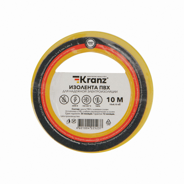 Kranz Изолента ПВХ 0.13х15 мм, 10 м, желтая (10 шт./уп.) KR-09-2002
