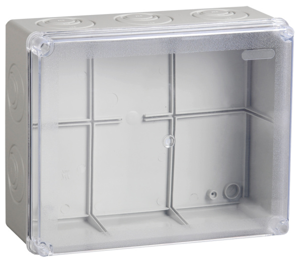 IEK Коробка КМ41277 распаячная для о/п 240х195х165 мм IP44 (RAL7035, прозр. кр., кабельные вводы 5 шт)